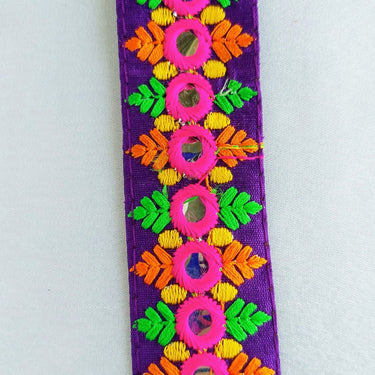 Purple Mirrored Fabric Trim With Fuchsia Pink, Orange, Yellow And Green Embroidery